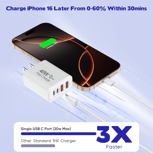 10FT iPhone 17 16 15 Pro Charger,2Pack 10Foot USB C to C Woven Cable Cord 40W USB C Apple Charger 4 Port PD&AC Charge Block Fast Charging for iPhone 17 Air/17 16 15 Pro Max/16e/16 Plus/15/15 Pro/iPad - size: 10FT