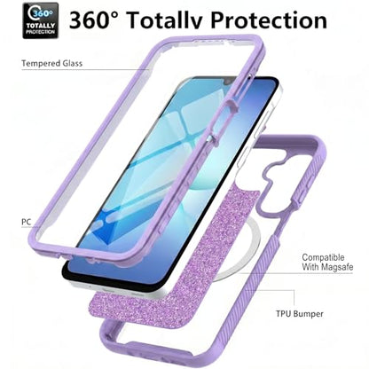 Magnetic for Samsung Galaxy A17/ A16/ A26 Case with Built-in Screen Protector [Compatible with MagSafe & Glitter Card] 360 Full Body Protection Shockproof Rugged Phone Case Cover for A 17 /A 16,Black - color: Black