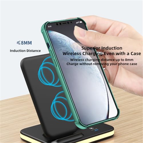 4 in 1 Wireless Charging Station, Travel Charging Pad, Soft Glow Night Light and Pure Copper Dual Coils, Wireless Charging Stand Dock for iPhone