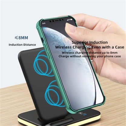 4 in 1 Wireless Charging Station, Travel Charging Pad, Soft Glow Night Light and Pure Copper Dual Coils, Wireless Charging Stand Dock for iPhone