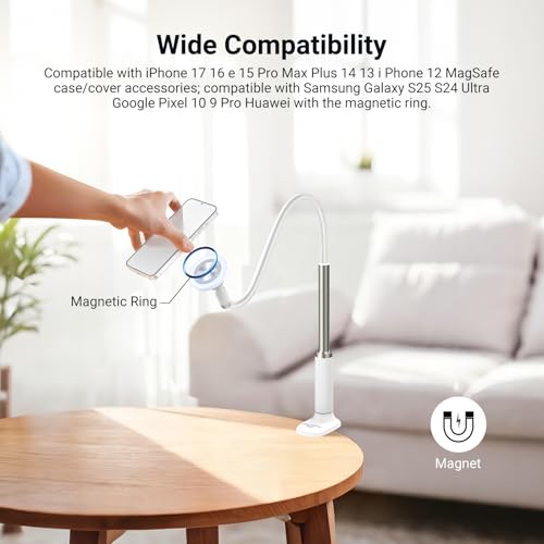 NEEWER Basics Magnetic Phone Stand for Desk, 360° Overhead Table Cellphone Holder Clamp Mount with Flexible Arm, Compatible with MagSafe iPhone Android Samsung for Bed Video Recording, PA151 White - style: PA151 White
