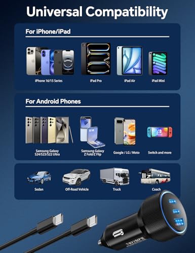 for iPhone 15/16 Pro Max Car Charger, 72W 3-Port Fast USB C Car Charger