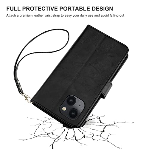 Bocasal Detachable Wallet Case Card Holder for iPhone 14 Plus, Black | RFID Blocking Kickstand Card Slots Holder PU Leather Magnetic Shockproof Wrist Strap Removable Flip Protective Cover 6.7 inch - color: Black
