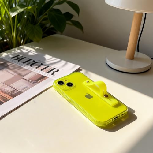 Strap Case for iPhone 15 with Stand, Neon Green | Wrist Strap Kickstand, Adjustable Finger Hand Grip Loop, Slim Transparent Anti-Scratch Back, Soft Bumper Phone Cover - color: Neon Green, size: iPhone 15