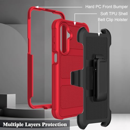 for Samsung Galaxy A16 5G Case with 2 Pack Tempered Glass Screen Protector, [Holster Series] Belt Clip Hard Tough Heavy Duty Rugged Shockproof Protective Cell Phone Case (Red) - color: Red