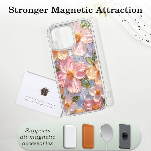 for iPhone 15 Pro Max Magnetic Case【Compatible with MagSafe】 Aesthetic Oil Painting Stained Glass Flower Design, Slim Fit Hard PC Back Shockproof Cute Clear Phone Cover, Pink - color: Pink, size: iPhone 15 Pro Max