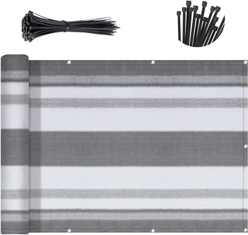 SUNNY GUARD 3' x 16' Balcony Privacy Screen, HDPE Patio Railing Cover Fence - color: Silver Grey White Stripes, size: 0 3' x 1 6'