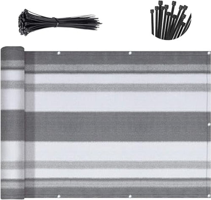 SUNNY GUARD 3' x 16' Balcony Privacy Screen, HDPE Patio Railing Cover Fence - color: Silver Grey White Stripes, size: 0 3' x 1 6'