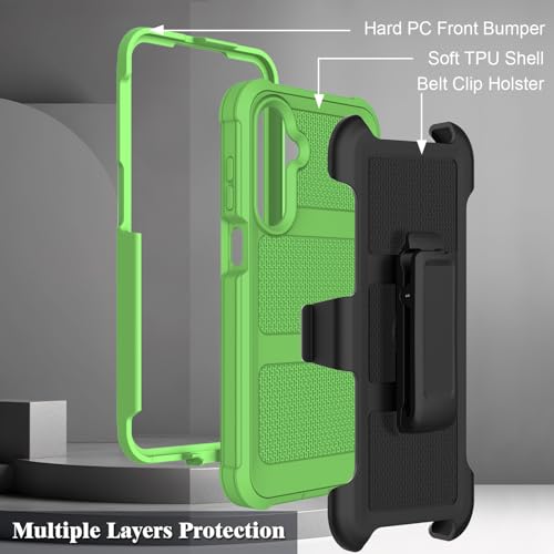 for Samsung Galaxy A16 5G Case with 2 Pack Tempered Glass Screen Protector, [Holster Series] Belt Clip Hard Tough Heavy Duty Rugged Shockproof Protective Cell Phone Case (Green) - color: Green