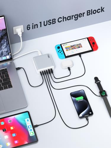 USB C Charger Block 200W[2025 Upgraded] GaN III 6 Port Fast Charging Station Hub,PD 65W USB C Laptop Charger Compatible with MacBook Pro/Air,iPad,iPhone 16/15,Galaxy S23/S24 Steam Deck Dell XPS etc - color: Cool-white, size: 200W
