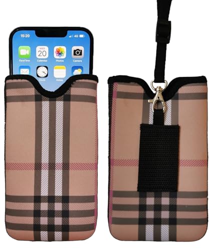 Tainada Neck Cell Phone Pouch Case Holder w/Belt Loop (Camel Brown Plaid) - color: Camel Brown Plaid