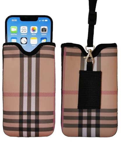 Tainada Neck Cell Phone Pouch Case Holder w/Belt Loop (Camel Brown Plaid) - color: Camel Brown Plaid