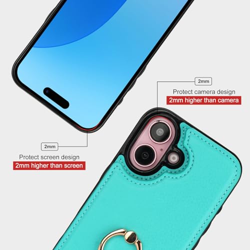 Folosu Compatible with iPhone 16 Case Wallet with Card Holder, 360°Rotation Finger Ring Holder Kickstand, RFID Blocking Leather Protective Double Buttons Shockproof Cover 6.1 Inch Mint Green - color: Mint Green