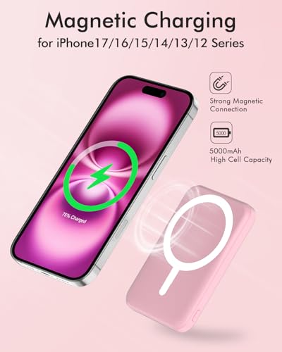 podoru for MagSafe Power Bank 5000mAh, Ultra-Slim Magnetic Portable Charger - color: Pink