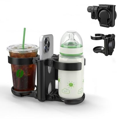 ZealSound Stroller Cup Holder, 3-in-1 Bottle Holder with Phone Holders for Stroller Wheelchair Scooter Walker Bike, Foldable Universal Drink Holder for Uppababy Bugaboo Nuna Doona