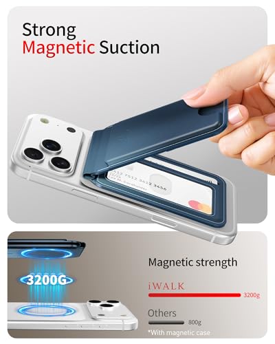 iWALK Stronger Magnetic Wallet, Upgraded for MagSafe Wallet, RFID Blocking, 5 Card Holder with Adjustable Stand, Slim Leather Phone Wallets for iPhone 16/15/14/13/12 Series, iPhone Wallets Navy Blue - color: Navy Blue