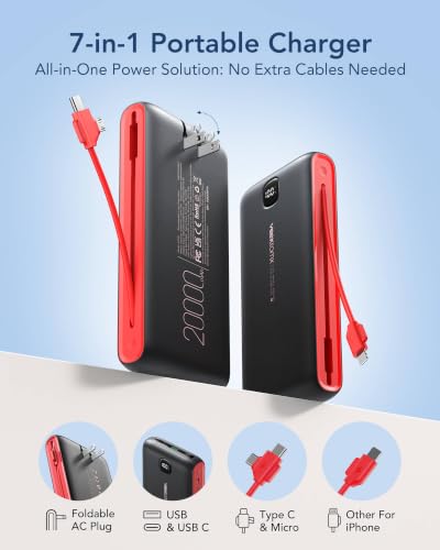 VEEKTOMX 10000mAh Portable Charger with Built-in Cables & Wall Plug - color: BLACK