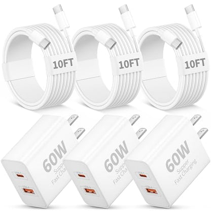 iPhone 17 16 15 Charger Fast Charging, 3 Pack 60W USB C Super Fast Charger - size: 3Pack-10FT