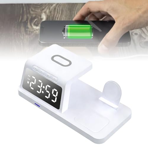 Wireless Charging Station, 3 in 1 Desk Charger with Alarm Clock, Fast Charging for Phone Watch Earphones, Space Saving Ideal for Bedroom Office
