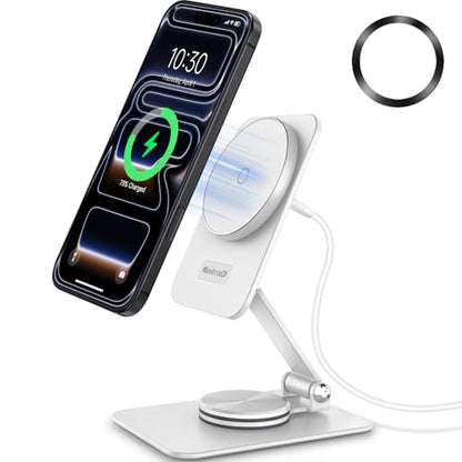 Compatible with MagSafe Charger, 15W MagSafe Charger Stand, 360°Rotation Base Adjustable Foldable Wireless Charger for Samsung Galaxy S25 Ultra/Z Fold7/Flip7/iPhone 17/Pixel 10 Pro/Pixel 10 Pro Fold - color: White