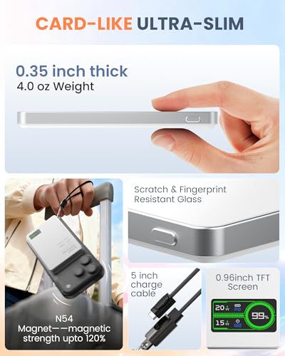 Portable Charger for Apple Watch & iPhone 17/16/15/14, 5000mAh 15W Fast Wireless Magnetic Power Bank with Built-in USB-C Cable, Ultra Slim 3-in-1 Mag-Safe Battery Pack with Smart LCD Display (White) - color: White