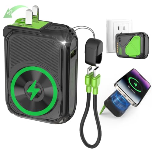 SEANCHEER P05 Portable Charger, Magnetic Power Bank, Small Wireless PowerBank, Battery Pack10000mAh Travel Essentials Fast Charging with Built in Cable, Foldable Wall Plug for iPhone,Samsung,Andriod - color: Black