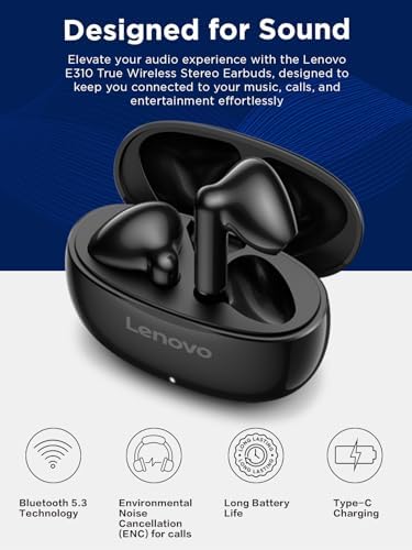 Lenovo E310 True Wireless Earbuds, Bluetooth 5.3 TWS Headphones with 13mm Drivers, AI Noise Reduction Mic, Up to 20H Battery with Case, USB-C Charging, IPX4 Water Resistant, Touch Control, Black - color: Black