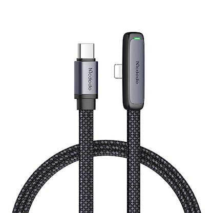 mcdodo 4FT USB C to Lightning Cable 90 Degree Right Angle USB-C to Lightning Charging Cable with LED Indicator Light Compatible with iPhone 14 13 12 11/Pro/ProMax/Plus, iPad, AirPods, iTouch - color: USB-C to Lightning