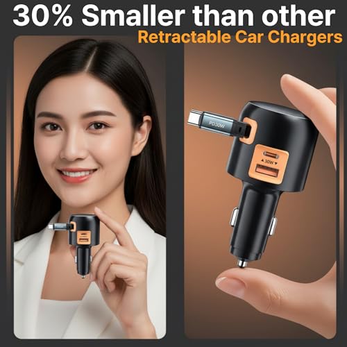 60W Retractable Car Charger, 3-Port USB-C Fast Charging Adapter - color: Orange