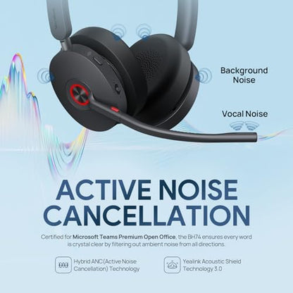 Yealink BH74 Bluetooth Headset with Mic for Work,Hybrid ANC,Teams Certified - color: BH74 Teams, style: BH74(Headset only)