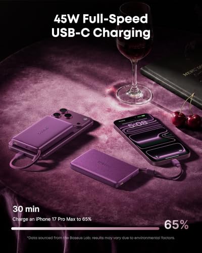Baseus Picogo AM52 MagSafe Power Bank, Qi2.2 25W 10,000mAh Magnetic Portable Charger, 0.6" Slim Built-in 45W USB-C Cable, Fast Charging Battery Pack for iPhone Duo/18 Pro Max/17/16/15/14/13/12 Only - color: Dark Cherry