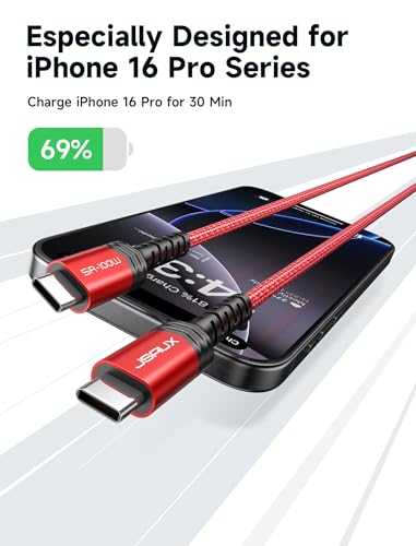 JSAUX 100W USB C to USB C Cable, 2-Pack 6.6FT, 5A Fast Charging, Red - color: Red, size: 6.6 ft+6.6 ft