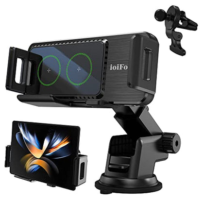 15W Qi Wireless Car Charger Auto-Rotating Dual Coils Fast Charging Vent/Dashboard Phone Mount Holder for Samsung Galaxy Z Fold 8u/7/6/S24, iPhone 17/16/15/14 Pro Max, Google Pixel 8/7 Pro (L)