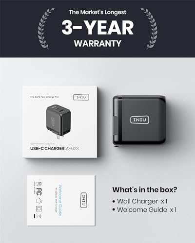 USB C Charger, INIU 2-Port 45W Super Fast Charger Type C, Mini Foldable PD PPS USB C Wall Charger Block by GaN Tech for Samsung Galaxy S23 Ultra iPhone 16 15 14 MacBook iPad Pro Steam Deck etc