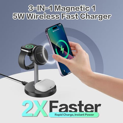3 in 1 Wireless Charging Station Compatible with MagSafe, 15W Fast Charging Magnetic Mag-Safe Charger Stand for Apple iPhone 17 16 15 14 13 12Series Apple Watch AirPods Pro 4 3 2, Gifts for Men Women