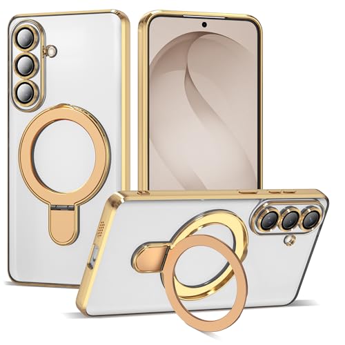 Compatible with Samsung Galaxy S26 Plus Case with Magnetic Ring Stand [Compatible with Mag-Safe] [Full Camera Lens Protector] Plating Clear Phone Case for S26 Plus 6.7", Gold - color: Gold, size: Samsung Galaxy S26 Plus