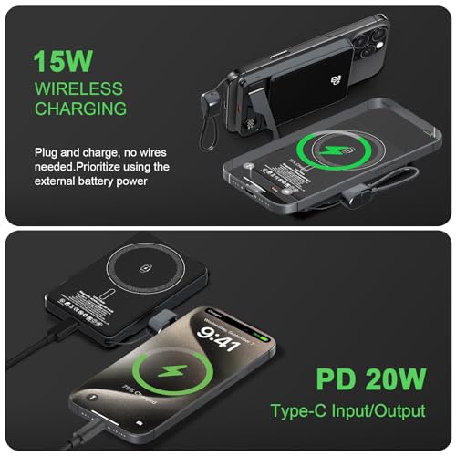 LUCKYDUO 3 in 1 Magnetic Wireless Power Bank, Slim Magnetic Portable Charger with Foldable Stand & LED Display, PD 20W USB C Cable Magnetic Battery Pack for iPhone 17/Air/Pro/16/15/14/13 (10000mAh)