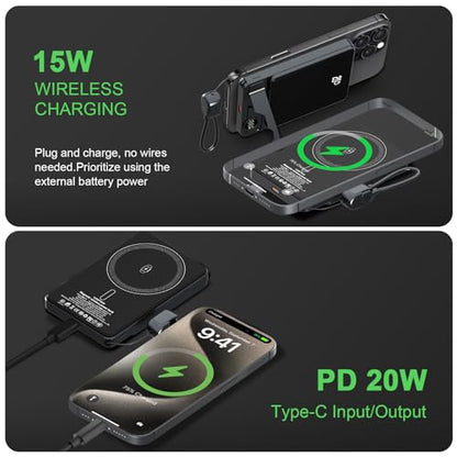LUCKYDUO 3 in 1 Magnetic Wireless Power Bank, Slim Magnetic Portable Charger with Foldable Stand & LED Display, PD 20W USB C Cable Magnetic Battery Pack for iPhone 17/Air/Pro/16/15/14/13 (10000mAh)