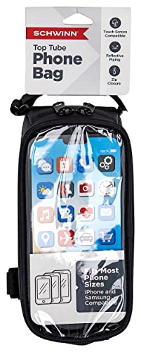 Schwinn Top Tube Phone Bag for Bicycles, Black, Touch-Screen Compatible Smartphone Pocket, Easy Installation, Weatherproof Zip Pocket, Storage for Phone, Wallet, Keys and More, Bike Frame Mount Bag