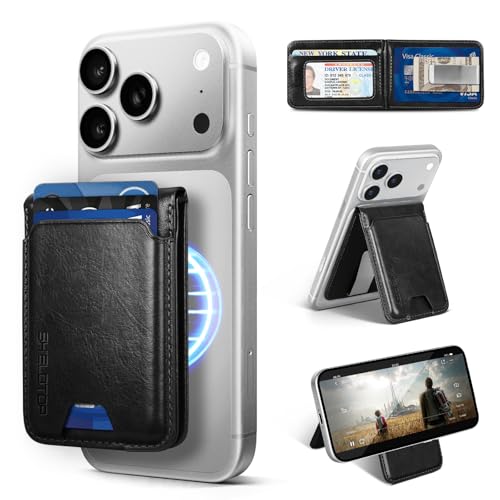 Shieldtop RFID Blocking MagSafe Wallet Stand with Card Holder,5 Card Slots & ID Window,PU Leather Magnetic Adjustable Kickstand for iPhone 12/13/14/15/16/17 Pro Max & Air Plus Series,Black - color: Black