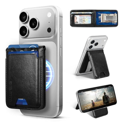 Shieldtop RFID Blocking MagSafe Wallet Stand with Card Holder,5 Card Slots & ID Window,PU Leather Magnetic Adjustable Kickstand for iPhone 12/13/14/15/16/17 Pro Max & Air Plus Series,Black - color: Black