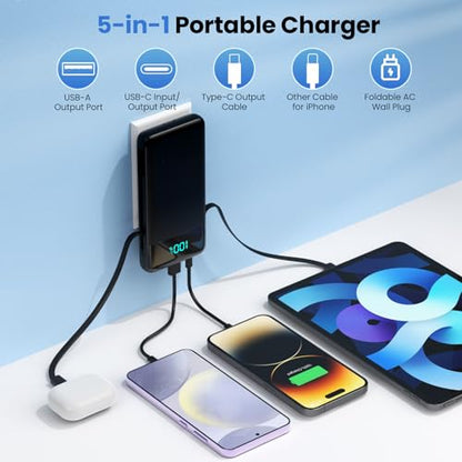 Portable Charger for iPhone with Built-in Cables and Wall Plug,Upgraded 13800mAh Fast Charging USB C Power Bank,4 Outputs Slim Travel Essential Battery Pack for iPhone 17/16/15/14/13,Galaxy,Android - color: Black