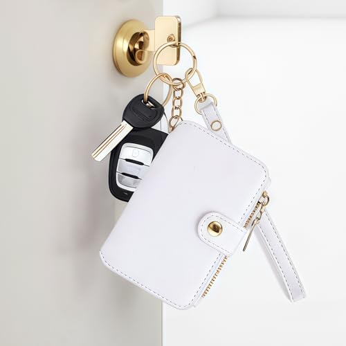 M-Plateau RFID Blocking Keychain Wallet With Leather Wrist Strap | Keychain Wristlet, Womens Card Holder with Zipper Coin Pocket and ID Window - color: White