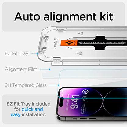 Spigen GlasTR EZ FIT Screen Protector for iPhone 14 Pro Max | 9H+ Tempered glass, Scratch resistance, Auto-align tray, Lab-tested 100% clarity, Original touch, Case-friendly, 2 Pack - size: iPhone 14 Pro Max
