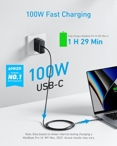 Anker Laptop Charger, Compact Foldable 100W USB C Charger with 5FT Cable - color: Black