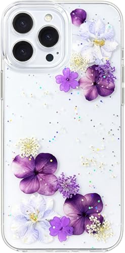 Abbery for iPhone 16 Pro Max Clear Case with Flower Design, Bling Glitter Sparkle Shiny Cute Dried/Pressed Purple Floral Soft TPU Rubber Aesthetic Shockproof Protective Women Girls Girly Phone Cover - color: Glitter Purple, size: for iPhone 16 Pro Max