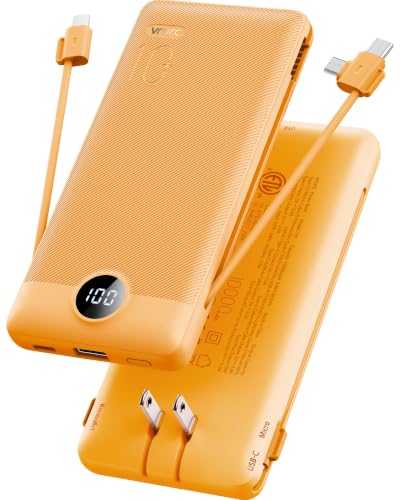 VRURC Portable Charger, Power Bank Built-in Cables and AC Wall Plug - color: Orange
