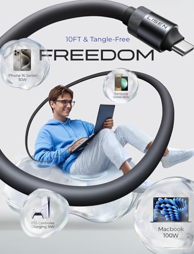 LISEN 10FT USB C Cable Fast Charging, Chubby 240W Cable USB C to USB C Fast Charging Soft Silicone USBC to USBC Parallel Cable for iPhone 17 Pro Max 16 15 Samsung S25 Ultra MacBook Pro Air iPad Black - color: Black, size: 10FT