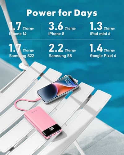 charmast Portable Charger with Built-in Cables X 4, Portable Phone Charger - color: Pink