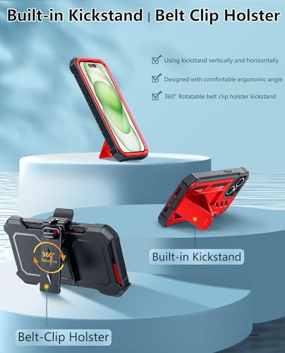 FNTCASE for iPhone 15 Case with Belt Clip and Built-in Screen Protector Red | Rugged Kickstand, 20FT Military-Grade Drop Protection, Full Body Heavy Duty Shockproof Holster, Hard Protective Cover - color: Red